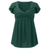 Дамски топове дамски модни Плътен цвят разрошване талия обвивам пуловер с къс ръкав тениски върхове зелен хл