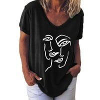 Летни върхове за жени Модни ежедневни печат V-образно разхлабена тениска с тениска с къси ръкави с тениска от блуза