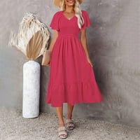 Летни рокли за жени солидни V-образни а-лайн сладка сладка рокля с къс ръкав розово л