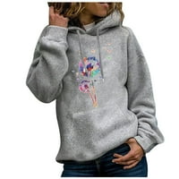 Рифорла дамска мода случайни Цветен печат с дълъг ръкав С качулка пуловер Джобен пуловер Топ Дамски качулки и суитшърти сив хл