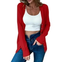 Дамски жилетка жени солиден бутон надолу с дълъг ръкав класически V плетен с врата Кардиган пуловер червено L