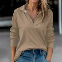Нанизани дамски есенни и зимни върхове в-врата плътен цвят Случайни Мода топ тениска