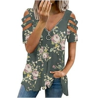 Модни тениски дамски цип В деколте Изрежете туника с къс ръкав върхове флорален печат студено рамо тениски блузи