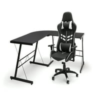 Най-важното колекция състезателен стил игрален стол и 60 Г-образно бюро, офис пакет, в бяло черно