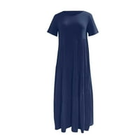 Бохемска рокля за жени къс ръкав кръг врата дълго Асиметрична люлка пластове дълго Западна рокля Майка Ден подаръци Тъмно синьо