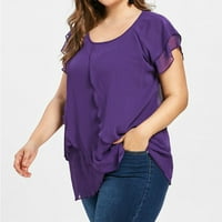 Жени шифон тениска небрежни ръбове с къс ръкав плюс размер плътно цвят блуза лилаво xl