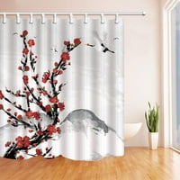 Японски декор планински фон с черешови цветя и кран птици за червен полиестер тъкан за баня за баня завеса за душ