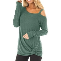 Дамски ежедневни меки дълги ръкави o шията възел странична блуза горна тениска дамски тениски зелени