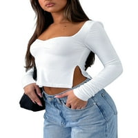 Жени тънки монтирани тениска с дълъг ръкав с гръб Квадратна шия отгоре Y2K Trendy Basic Tees Streetwear
