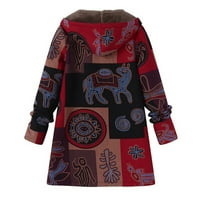 зимни палта за жени, дамски зимни топли връхни дрехи Цветен печат Качулати джобове реколта извънгабаритни палта