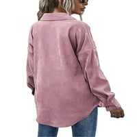 Дамски Рипсено кадифе риза яке момиче копчета Плътен цвят Дълъг ръкав ревера Връхни дрехи с джобове розов ШЛ