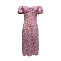 Елегантни флорални рокли за опаковане на печат на цепка Една линия яка дълга рокля плътно прилепване на вестидос Лятен плаж Sundress V-Neck с късо ръкав розов XL