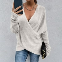 хоксмл мода случайни жени Плътен цвят Дълъг ръкав пуловер В-врата риза Пуловер върхове плета джъмпер клирънс