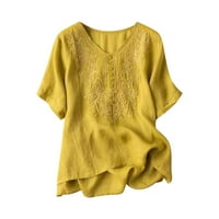 Lydiaunistar Plus Размери Разчистване Дамски пролет лято твърд цвят Небрежно разхлабена модна тениска с къс ръкав V-образна бродерия Бутон за върхове от памук и бельо блуза жълта xxxl