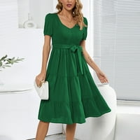 Рокля на Voncos за жени- модна ежедневна V-образно деколте рокля рокля рокля солидна рокля с къс ръкав зелено 8