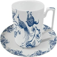 Танциемангу синьо и бяло порцеланова чаша и чинийка комплект, 9оз чаша за кафе и чаша за чай, синя Фени птица модел