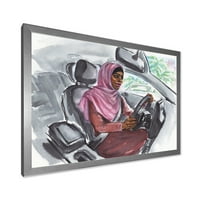 Дизайнарт 'арабска дама кара кола' модерна рамка Арт Принт