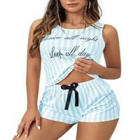 Franhais жени пижами комплект шезлонги костюми писмо печат ивица без ръкави за ръкави и къси панталони