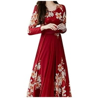 Wendunide рокли за жени модни жени о-не-деколте с дълъг ръкав дълга рокля дами флорален принт a-line рокля червено