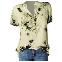 Knosfe Womens върхове Небрежно свободно прилепване на флорални ризи Лято късо ръкав Хенли тениска бежово m