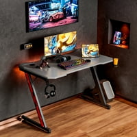 Лаку з-форма геймърски компютър бюро състезателни стил Офис бюро карбонова повърхност с поставка за чаша и кука за слушалки, сиво